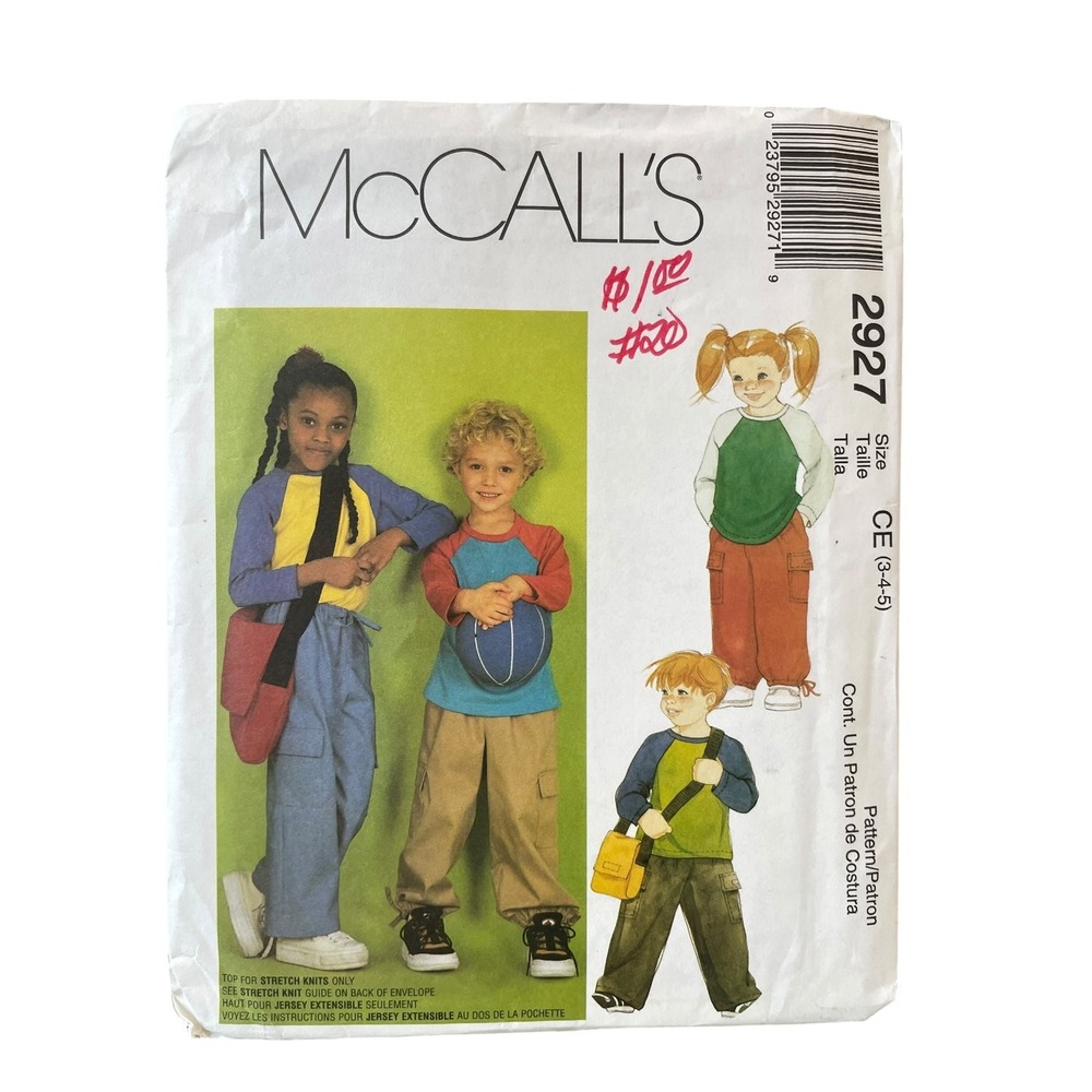 McCall's 2927 Sewing Pattern Children Size 3-4-5 Multicolor Cargo Pants Top Bag